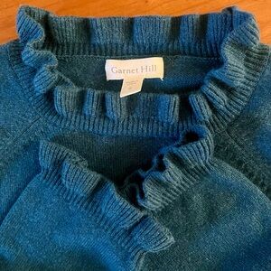 Garnet Hill Teal Cashmere Ruffle Mock Neck Sweater